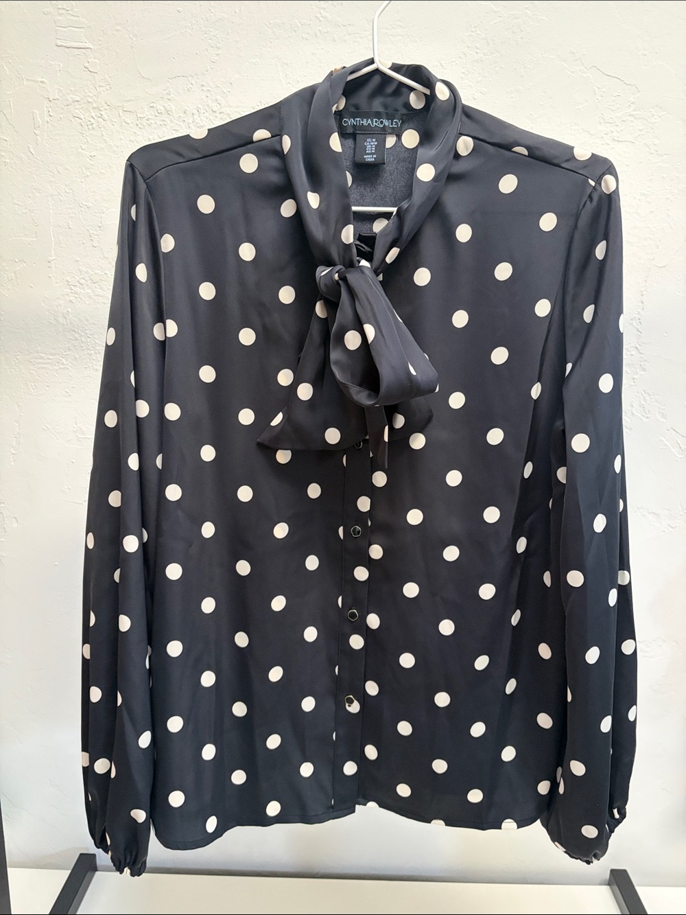Cynthia Rowley Black and Cream Polka Dot Tie-Neck Blouse